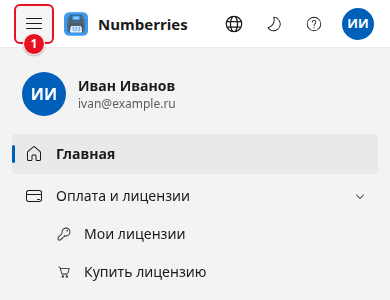 Кабинет на телефоне: кнопка ☰ (1) в левом верхнем углу открыла меню — вверху имя и почта, ниже разделы «Главная», «Оплата и лицензии» и другие