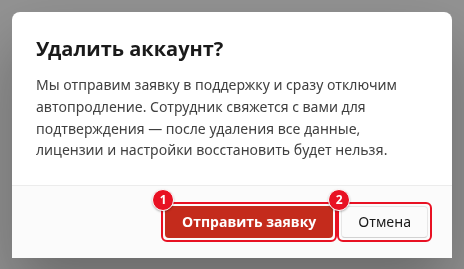 Окно «Удалить аккаунт?»: текст о заявке в поддержку и отключении автопродления, кнопки «Отправить заявку» (1) и «Отмена» (2)