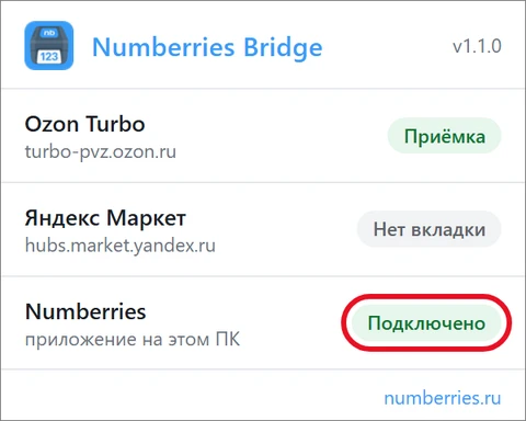 Окошко Numberries Bridge: строка «Numberries — приложение на этом ПК» с зелёной меткой «Подключено»