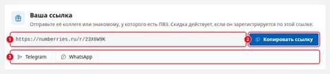 Экран «Пригласить друга», блок «Ваша ссылка»: поле со ссылкой https://numberries.ru/r/23X6W9K (1), кнопка «Копировать ссылку» (2), кнопки «Telegram» и «WhatsApp» (3)