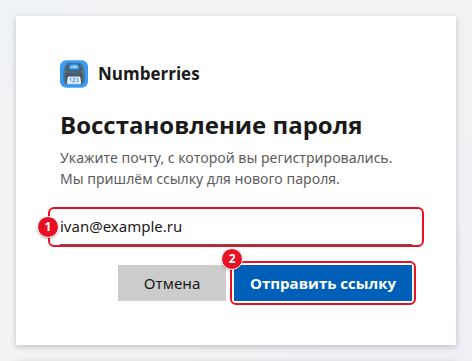 Форма «Восстановление пароля»: текст «Укажите почту, с которой вы регистрировались. Мы пришлём ссылку для нового пароля.», поле «Электронная почта» с адресом ivan@example.ru (1), кнопки «Отмена» и «Отправить ссылку» (2)