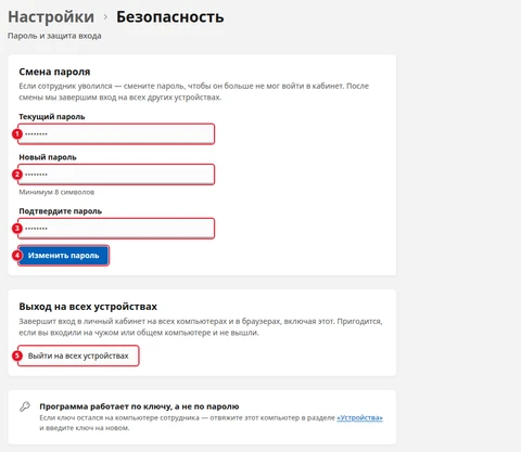 Экран «Безопасность»: блок «Смена пароля» с полями «Текущий пароль» (1), «Новый пароль» (2), «Подтвердите пароль» (3) и кнопкой «Изменить пароль» (4); блок «Выход на всех устройствах» с кнопкой «Выйти на всех устройствах» (5); карточка «Программа работает по ключу, а не по паролю»