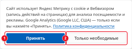Окно «Согласие на cookie»: текст о Яндекс Метрике и Google Analytics со ссылкой «Политика конфиденциальности», кнопки «Принять» (1) и «Только необходимые» (2)