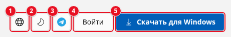 Правая часть шапки сайта: значок глобуса (1), кнопка с луной (2), значок Telegram (3), кнопки «Войти» (4) и «Скачать для Windows» (5)