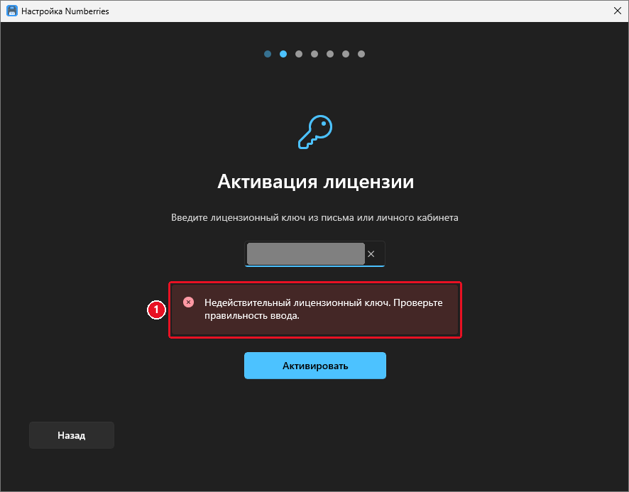 Шаг «Активация лицензии»: под полем с ключом красная полоса «Недействительный лицензионный ключ. Проверьте правильность ввода.»