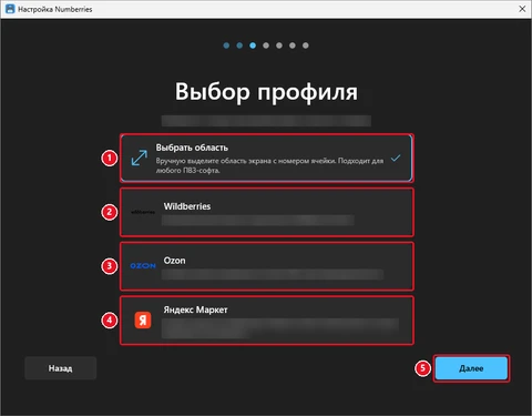 Шаг мастера «Выбор профиля»: четыре карточки — «Выбрать область», Wildberries, Ozon, «Яндекс Маркет» и кнопка «Далее»