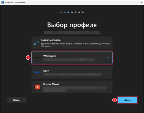 Шаг «Выбор профиля»: выбрана карточка Wildberries — синяя рамка и галочка; отмечена кнопка «Далее»