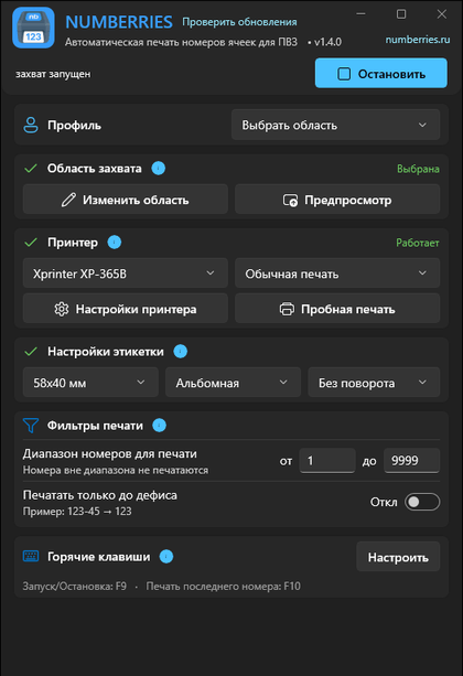 Numberries window — Custom area profile
